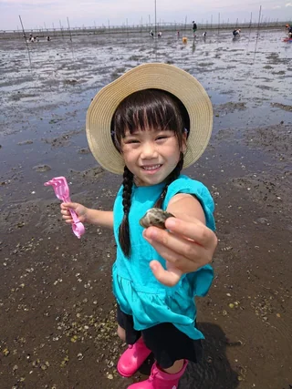貝を手のひらに載せて見せる子ども
