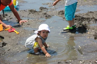 濡れた干潟で貝を探す白い帽子の幼児